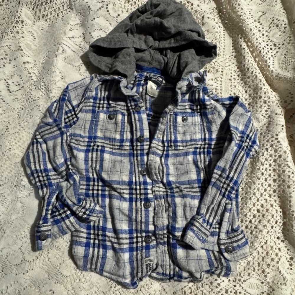 OshKosh B'gosh Boy Plaid Flannel Shirt Hoodie 4T Blue Gray Long Sleeve Button Up